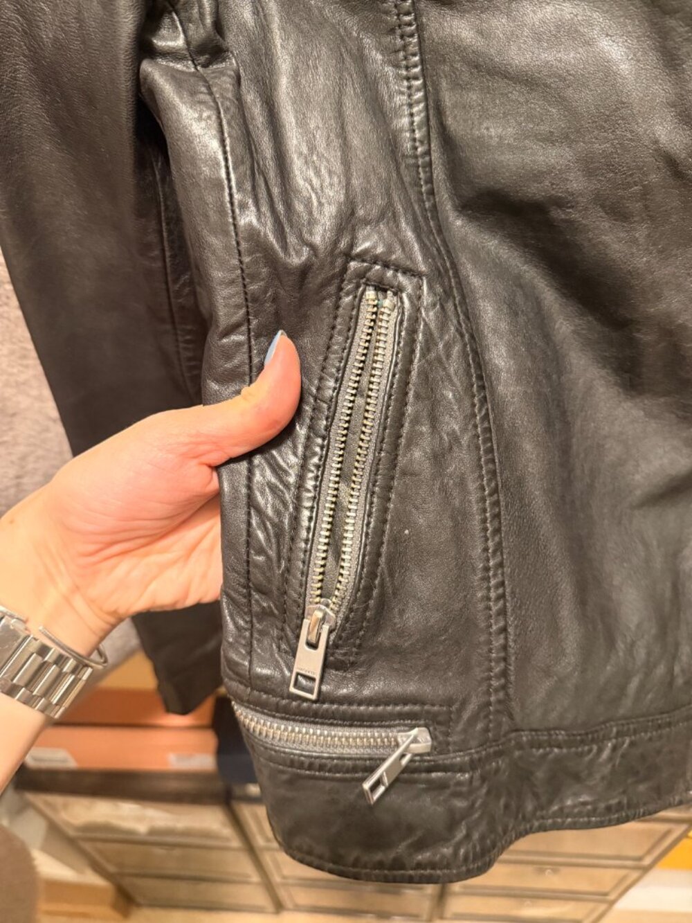 AllSaints Cargo Distressed Leather Biker Jacket - Picture 8 of 8